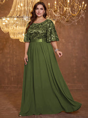 Elegant Formal Round Neck Lotus Leaf Five Quarter Sleeve Sequin Splicing Mesh Elegant Long Dress