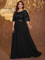 Elegant Formal Round Neck Lotus Leaf Five Quarter Sleeve Sequin Splicing Mesh Elegant Long Dress