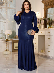 Navy Blue Sequin Satin Cuff A‑Line Plus Size Modest Evening Gown
