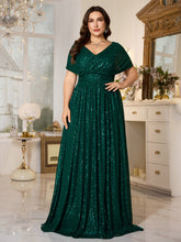 Emerald Green Sequin Dolman‑Sleeve High‑Waist A‑Line Plus Evening Gown