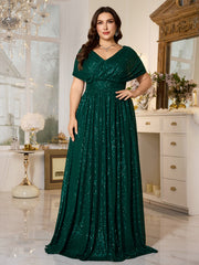 Emerald Green Sequin Dolman‑Sleeve High‑Waist A‑Line Plus Evening Gown