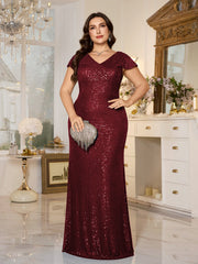 Teal Sequin Cap‑Sleeve Slit Sheath Plus Size Evening Gown