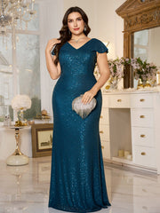 Teal Sequin Cap‑Sleeve Slit Sheath Plus Size Evening Gown