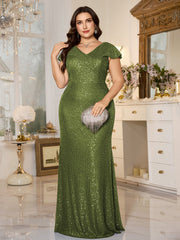Teal Sequin Cap‑Sleeve Slit Sheath Plus Size Evening Gown