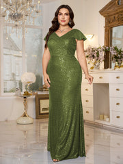 Teal Sequin Cap‑Sleeve Slit Sheath Plus Size Evening Gown