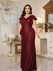 Teal Sequin Cap‑Sleeve Slit Sheath Plus Size Evening Gown