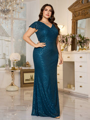 Teal Sequin Cap‑Sleeve Slit Sheath Plus Size Evening Gown