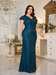 Teal Sequin Cap‑Sleeve Slit Sheath Plus Size Evening Gown
