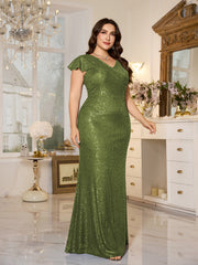 Teal Sequin Cap‑Sleeve Slit Sheath Plus Size Evening Gown