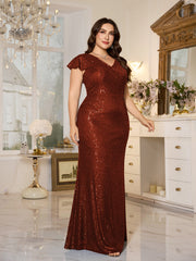 Teal Sequin Cap‑Sleeve Slit Sheath Plus Size Evening Gown