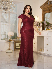Teal Sequin Cap‑Sleeve Slit Sheath Plus Size Evening Gown