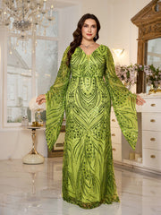 Bright Green Flare Bell Sleeve Geometric Sequin Plus‑Size Mermaid Formal Dress