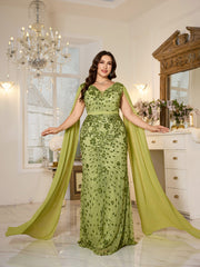 Avocado Green Floral Sequin V‑Neck Cape Sleeve Plus‑Size Mermaid Evening Gown