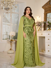 Avocado Green Floral Sequin V‑Neck Cape Sleeve Plus‑Size Mermaid Evening Gown