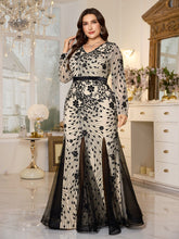 Cream‑Black Floral Sequin Slit Mermaid Plus Size Evening Gown