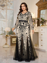 Beige‑Base Black Floral Sequin V‑Neck Long‑Sleeve Split Plus‑Size Mermaid Evening Gown