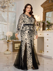 Cream‑Black Floral Sequin Slit Mermaid Plus Size Evening Gown
