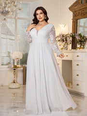 White Lace Long‑Sleeve High‑Waist A‑Line Plus Size Evening Gown