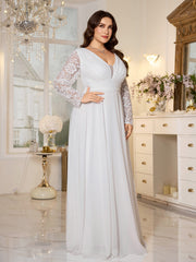 White Lace Long‑Sleeve High‑Waist A‑Line Plus Size Evening Gown
