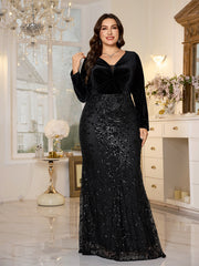 Black Velvet‑Top Sequin Mermaid Plus Size Evening Gown