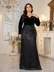 Black Velvet‑Top Sequin Mermaid Plus Size Evening Gown