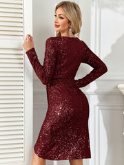 Dusty Blue Sequin V‑Neck Long Sleeve Cocktail Dress