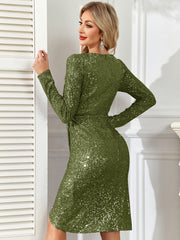 Dusty Blue Sequin V‑Neck Long Sleeve Cocktail Dress
