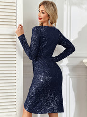 Dusty Blue Sequin V‑Neck Long Sleeve Cocktail Dress