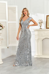 Silver Grey Sequin Cap‑Sleeve Mermaid Evening Gown