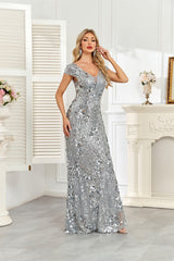 Silver Grey Sequin Cap‑Sleeve Mermaid Evening Gown
