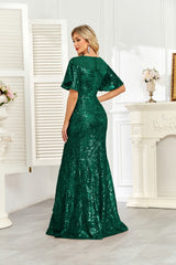 Champagne Gold Sequin Flutter Sleeve A‑Line Evening Gown