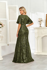 Champagne Gold Sequin Flutter Sleeve A‑Line Evening Gown