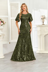 Champagne Gold Sequin Flutter Sleeve A‑Line Evening Gown