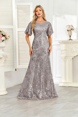 Champagne Gold Sequin Flutter Sleeve A‑Line Evening Gown