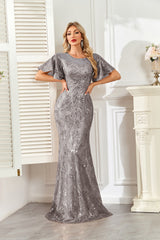 Champagne Gold Sequin Flutter Sleeve A‑Line Evening Gown