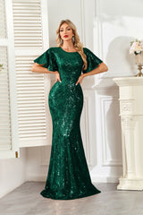 Champagne Gold Sequin Flutter Sleeve A‑Line Evening Gown