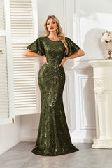 Champagne Gold Sequin Flutter Sleeve A‑Line Evening Gown