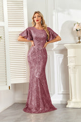 Champagne Gold Sequin Flutter Sleeve A‑Line Evening Gown