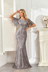 Champagne Gold Sequin Flutter Sleeve A‑Line Evening Gown