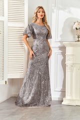 Champagne Gold Sequin Flutter Sleeve A‑Line Evening Gown