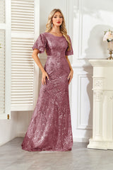 Champagne Gold Sequin Flutter Sleeve A‑Line Evening Gown