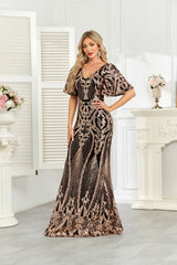 Black Rose Gold Sequin Flutter Sleeve Mermaid Evening Gown
