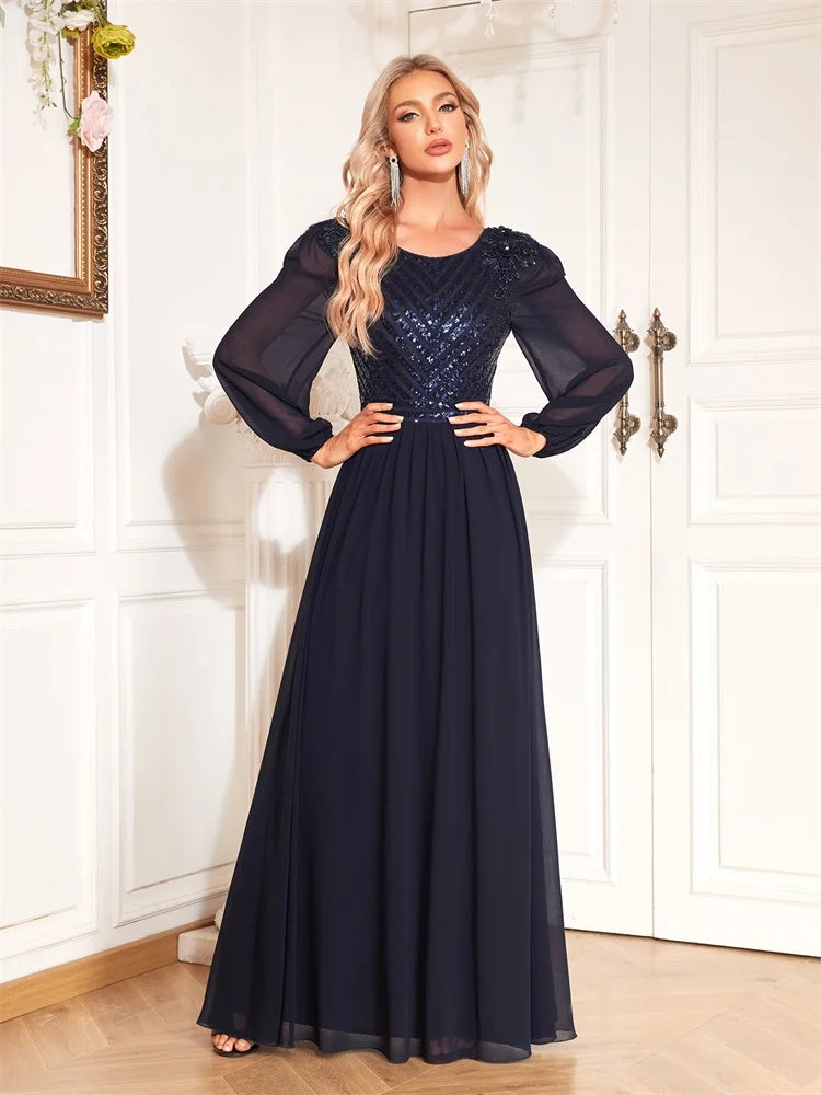Mesh Long Sleeve Navy Blue Long Dress | XUIBOL