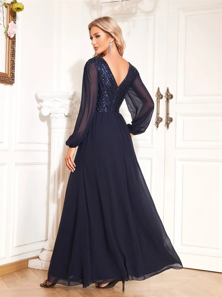 Mesh Long Sleeve Navy Blue Long Dress | XUIBOL