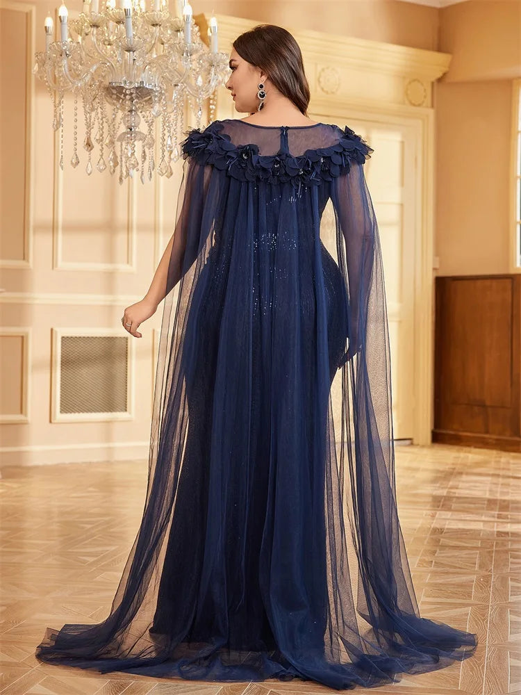 Plus Size Luxury Blue O-Neck Applique Sequin Evening Dresses | XUIBOL