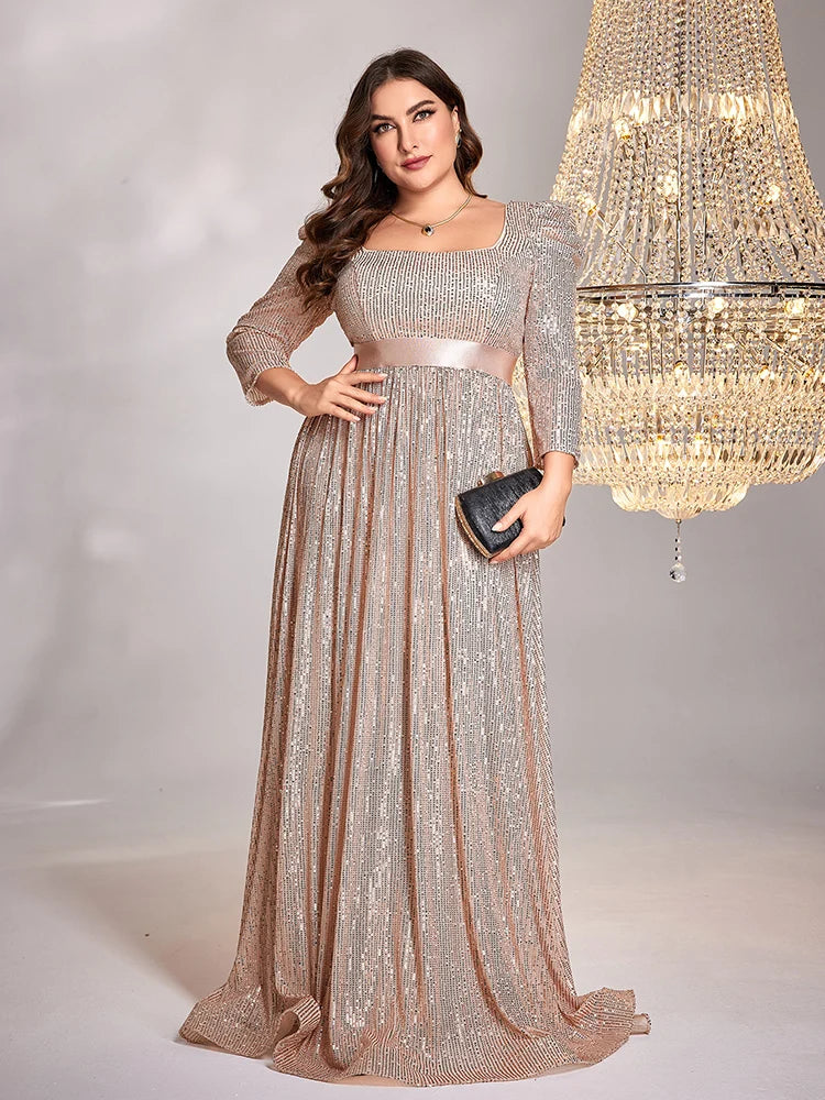 Plus Size Luxury Blue V-Neck Long sleeve Sequin Evening Dresses | XUIBOL