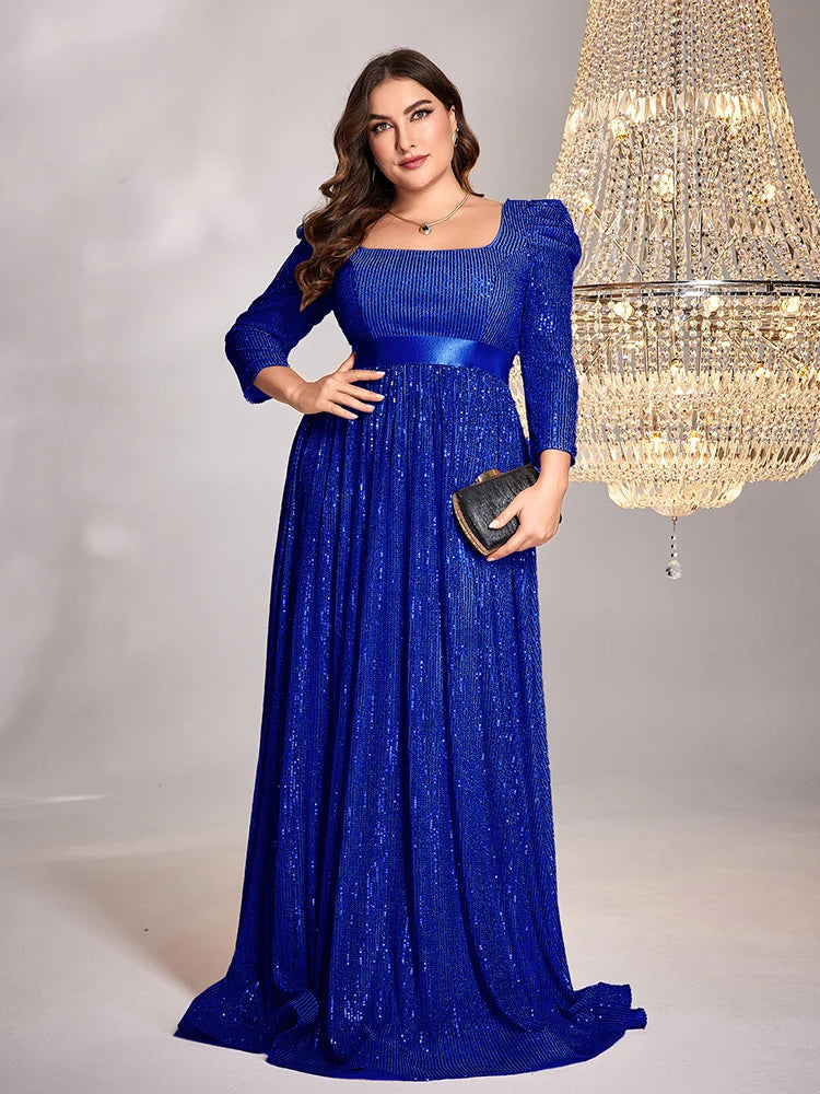 Plus Size Luxury Blue V-Neck Long sleeve Sequin Evening Dresses | XUIBOL
