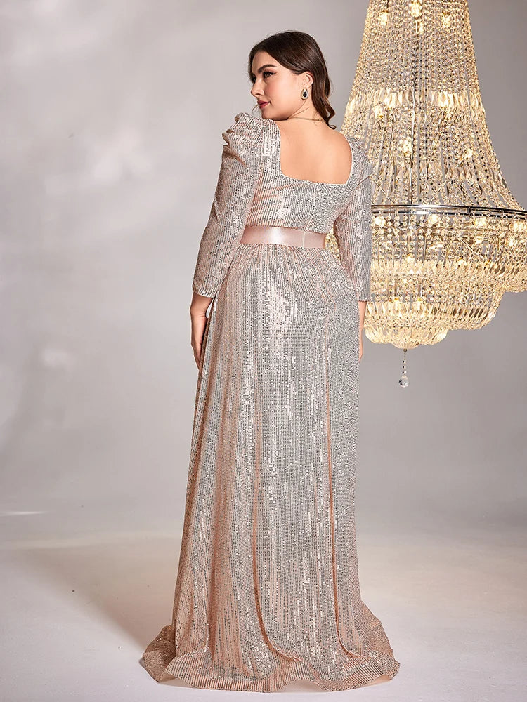 Plus Size Luxury Blue V-Neck Long sleeve Sequin Evening Dresses | XUIBOL