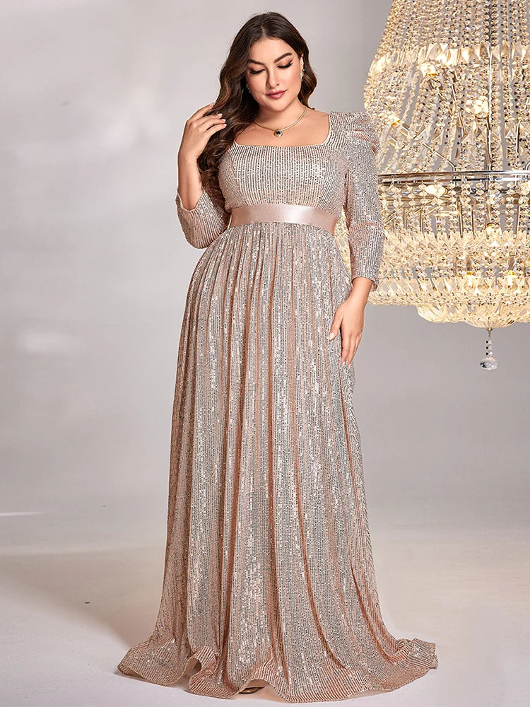 Plus Size Luxury Blue V-Neck Long sleeve Sequin Evening Dresses | XUIBOL