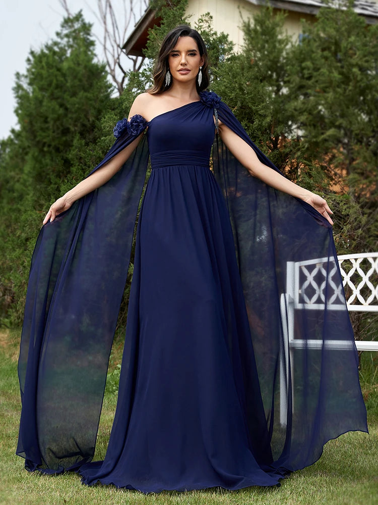 Chiffon Streamer Navy Evening Dress | XUIBOL
